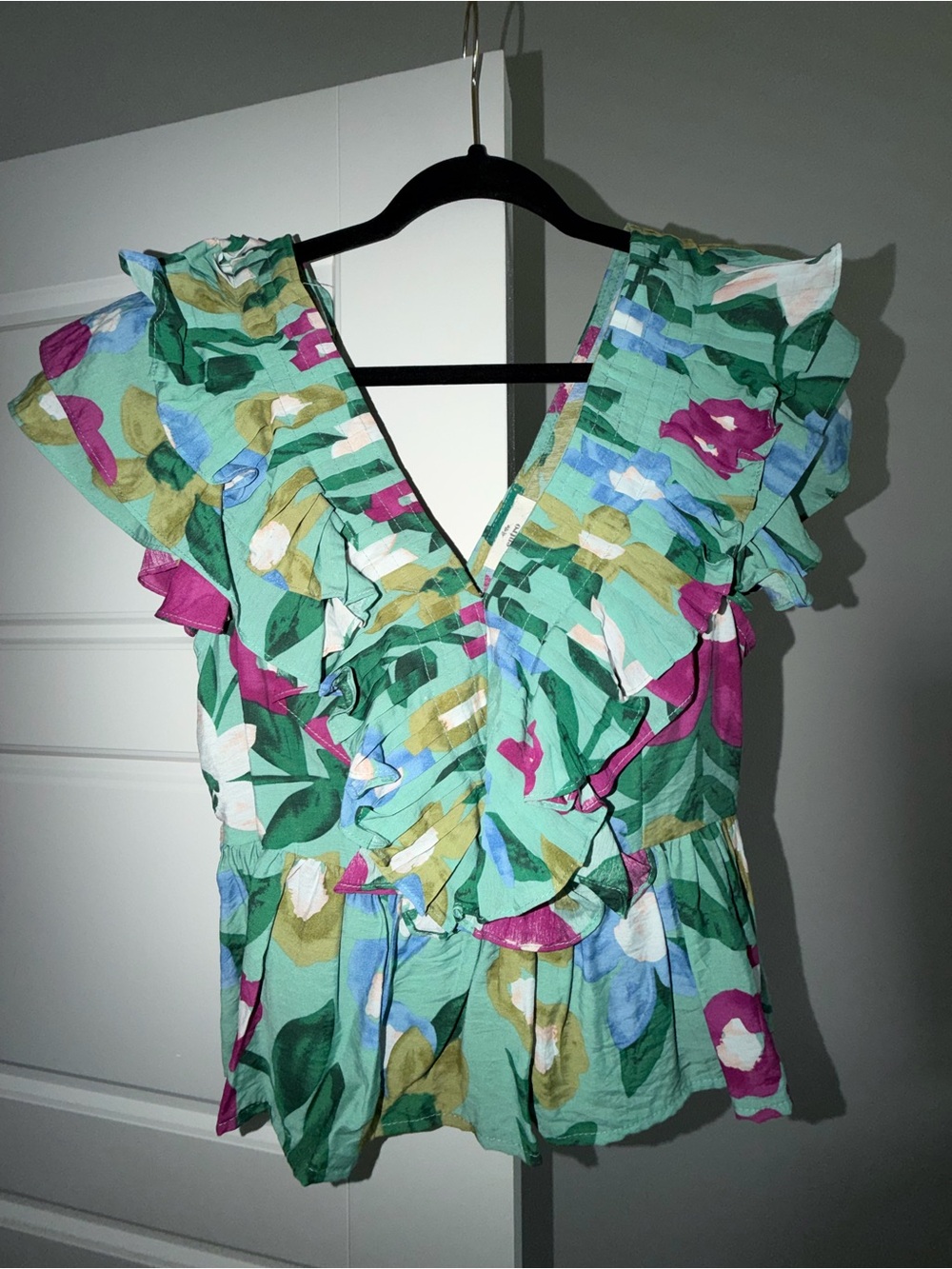 Floral Ruffle V-Neck Blouse in Aqua & Pink